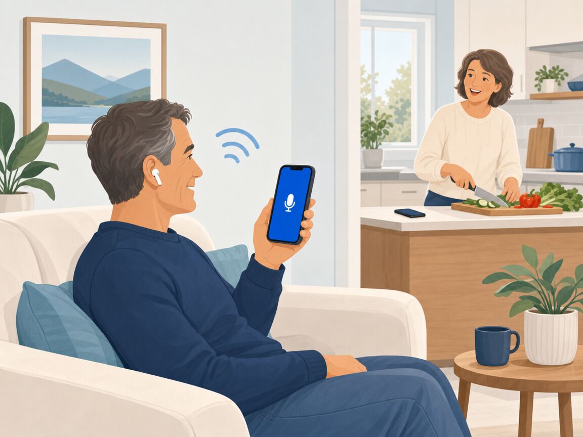 A man relaxes on a sofa at home wearing earbuds, holding his phone, as someone talks from the kitchen out of view.