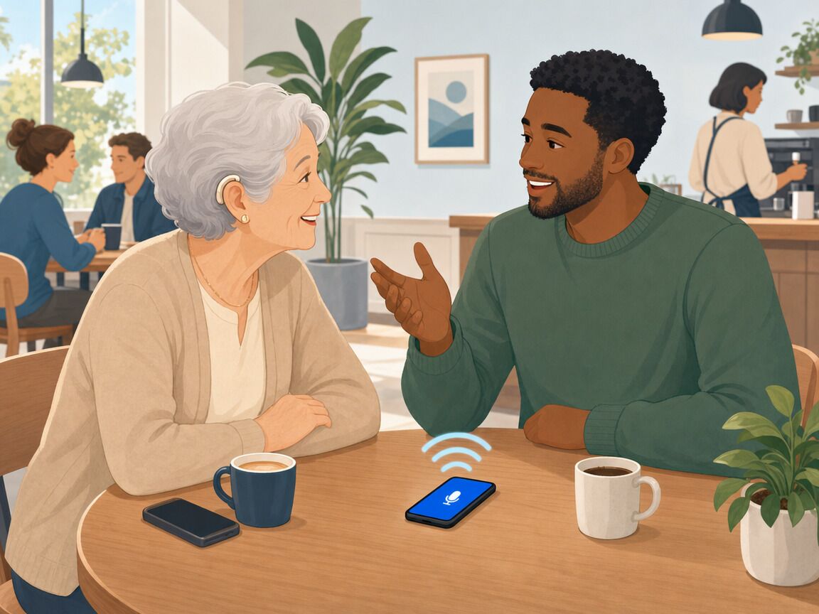 An older woman with a hearing aid smiles as her grandson talks across a café table. His phone lies near him; she listens through her own phone.