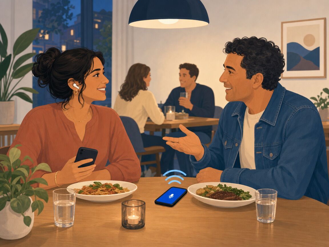 Two friends talk across a dinner table. A phone lies on the table near one of them; the other listens with earbuds.